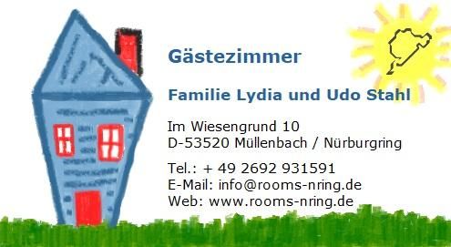 A colorful business card for a guest room. It features a simple house with the contact information of the Stahl family in Müllerbach near the Nürburgring.