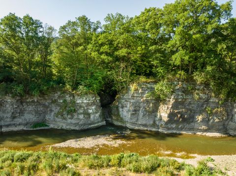 Eine ruhige Flusslandschaft mit steilen Felsen und üppigem Grün. Der Wasserlauf fließt sanft durch die Felsenlandschaft.