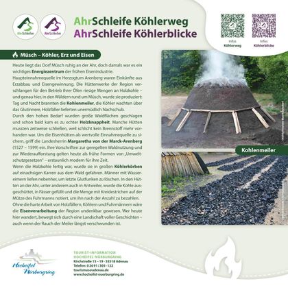Eine informative Darstellung über den Kohlenmeiler in Müsch, mit einem Holzstoß und aufsteigendem Rauch. Die Region ist bekannt für die Herstellung von Holzkohle und hat eine reiche Geschichte.
