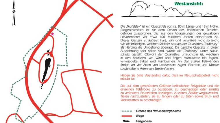 A map of the nature reserve "Teufelsley" with marked boundaries and hiking trails. The inscription describes the area and its features.