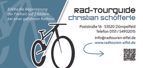 A flyer for a cycling tour guide with a stylized bicycle image. It provides information about guided cycling tours in the Eifel and includes contact information.