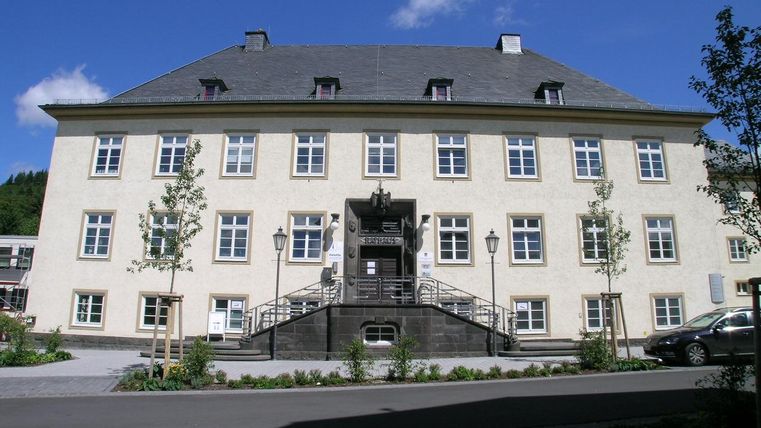 A large, historic building with bright walls and a slate-covered roof. In front of the entrance, there are stairs and a few trees as well as lanterns.