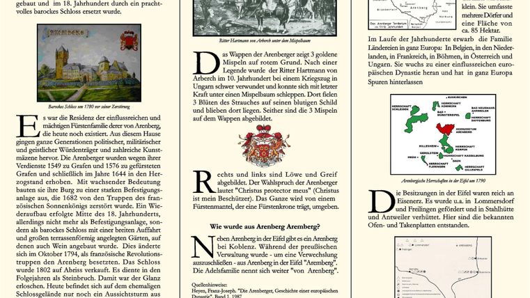 Eine informative Darstellung über die Geschichte der Anburg und ihre Bedeutung. Auf der linken Seite sind historische Bilder und auf der rechten Seite Karten und Texte zu sehen.