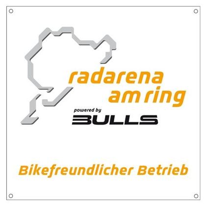 A sign with the inscription "radarena am ring" and the Bulls logo. It indicates a bike-friendly business.