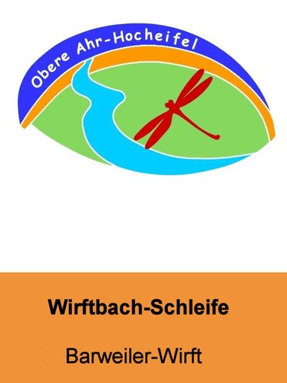 Ein farbenfrohes Logo der Obere Ahr-Hocheifel. Es zeigt die Wirftbach-Schleife mit einem Fluss und einer Libelle.