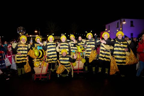 Een groep verklede mensen in bijenpakken staat vrolijk samen. Ze glimlachen en houden decoraties vast in een feestelijke sfeer bij nacht.