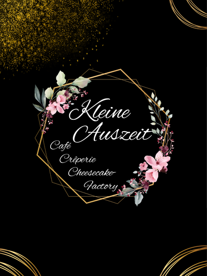 Un logo élégant pour un café nommé "Kleine Auszeit". Il présente des éléments floraux sur un fond noir avec des accents dorés.