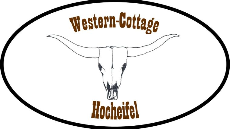Een logo met een koeienkop en de tekst "Western-Cottage Hocheifel". Het straalt een rustieke en westerse sfeer uit.