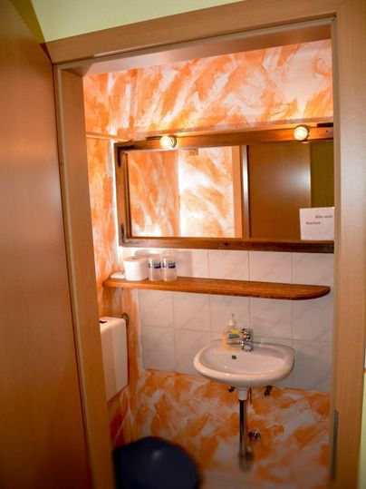 A small bathroom with orange walls and a mirror. There is a sink and a toilet, as well as a wooden shelf.