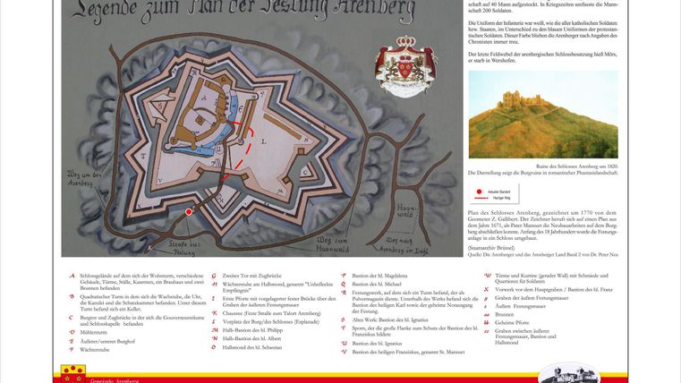 Eine detaillierte Karte der Festung Arenberg mit verschiedenen markierten Punkten und einer Legende. Auf der rechten Seite ist ein Bild der Festung von oben zu sehen.