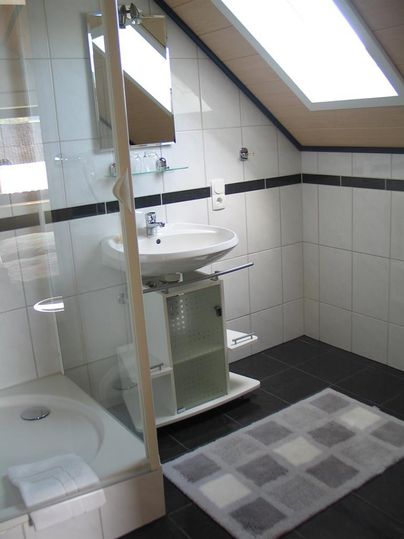 A modern bathroom with a shower, sink, and a practical cabinet. The room is bright and cheerfully designed, with a large skylight.