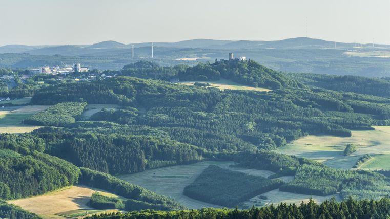 Eine weite Landschaft mit sanften Hügeln und grünen Feldern ist zu sehen. Im Hintergrund erstrecken sich die Berge und ein kleiner Ort ist sichtbar.