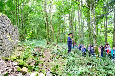 Eine Gruppe von Menschen hört einem Sprecher im Wald zu, während grüne Bäume und Pflanzen die Umgebung umgeben. Im Hintergrund ist eine Steinmauer sichtbar.