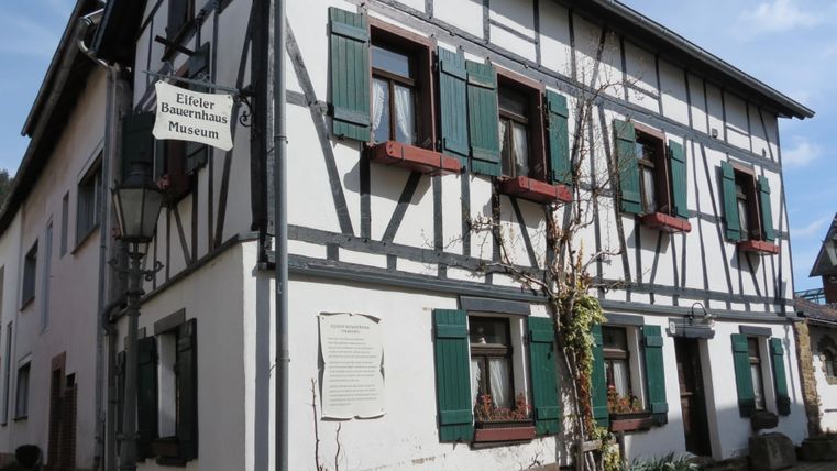 Ein historisches Fachwerkhaus mit grünen Fensterläden und einer ruhigen Atmosphäre. Das Gebäude beherbergt das Älteste Bauernhaus Museum.
