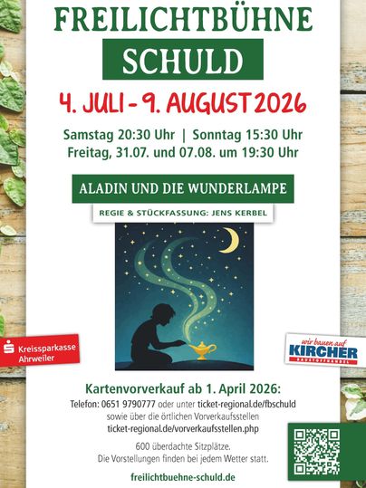 Ein Plakat für die Freilichtbühne Schuld, das für die Aufführung von "Aladin und die Wunderlampe" wirbt. Die Veranstaltung findet vom 4. Juli bis 9. August 2026 statt.