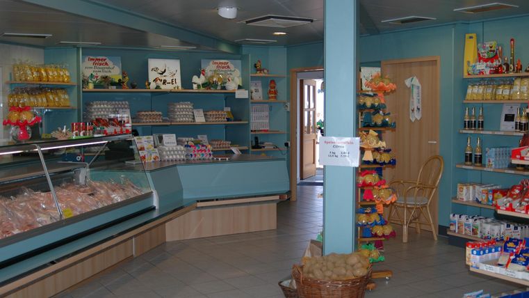 Ein kleiner Laden mit bunten Regalen voller Lebensmittel und Snacks. Die Wände sind in einem hellen Blau gestrichen.