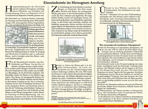 Ein informatives Dokument über die Eisenindustrie im Herzogtum Arenberg. Es enthält Text und historische Abbildungen, die die Entwicklung der Branche darstellen.