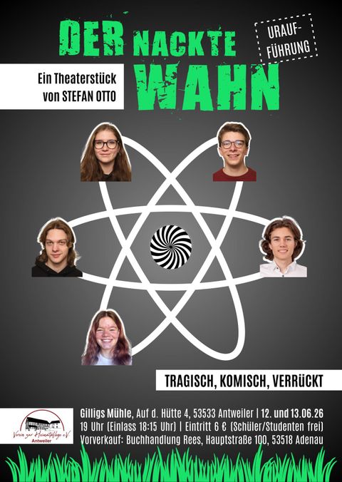Ein Plakat für die Uraufführung des Theaterstücks "Der nackte Wahn" von Stefan Otto. Es zeigt mehrere Schauspieler und eine grafische Darstellung, die sich um eine Atomstruktur dreht.