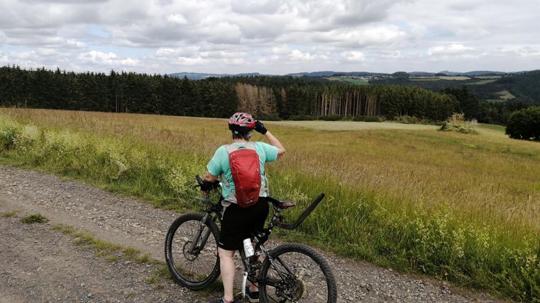 Een fietser staat op een grindpad en kijkt in de verte. Op de achtergrond zijn groene weiden en bossen te zien, onder een bewolkte lucht.