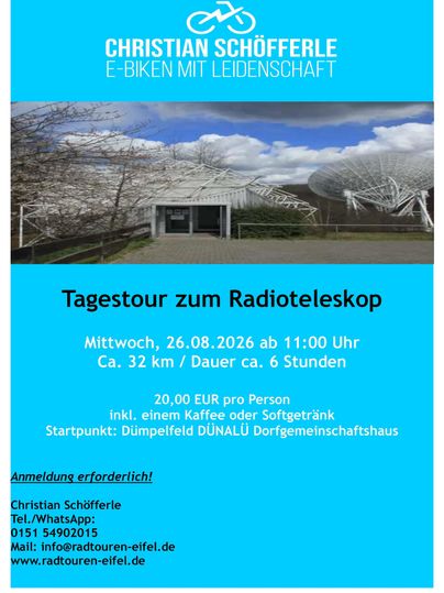 Ein Flyer für eine E-Bike-Tagestour zum Radioteleskop. Die Tour findet am 26. August 2026 statt und umfasst ca. 32 km.