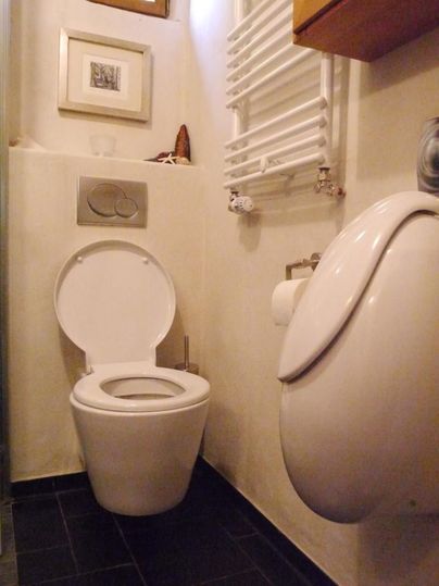 A modern bathroom with a white toilet and a towel radiator. The walls are light-colored and there is a small window.
