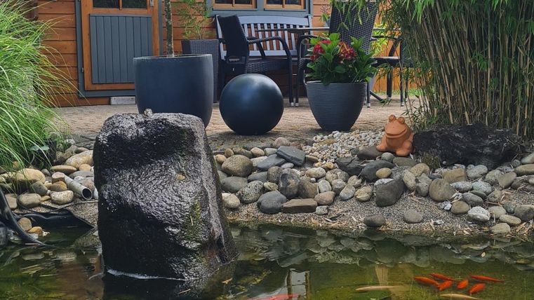 A beautiful garden with a pond and colorful fish. In the background, there is a cozy wooden house.