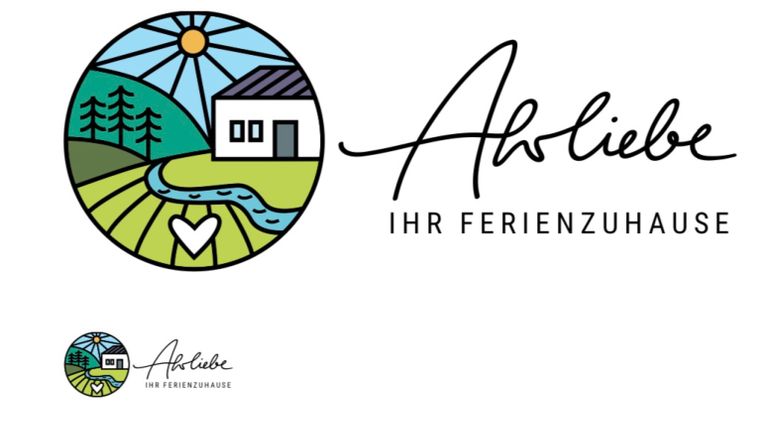 Un paysage stylisé avec une maison, des arbres et une rivière. Le logo représente « AbLiebe – Votre maison de vacances ».