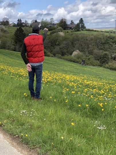A man stands in a meadow with many yellow flowers. He looks into the distance at green hills and a cloudy sky.