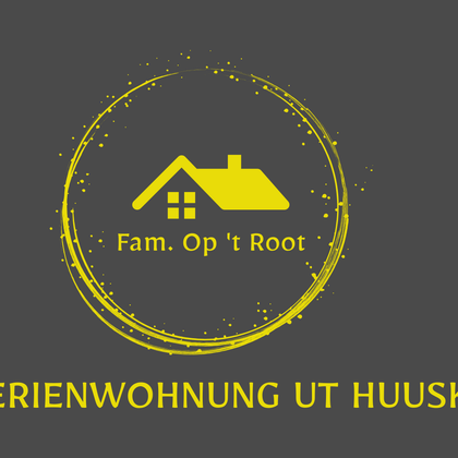 Een eenvoudig, modern logo voor een vakantiehuis. De naam "Ferienwohnung ut Huuske" is helder en duidelijk in het geel op een grijze achtergrond geschreven.