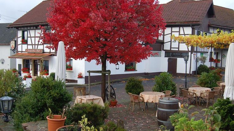 Een charmante herberg met een rode boom op de voorgrond. Het plein is mooi versierd met tafels en planten.