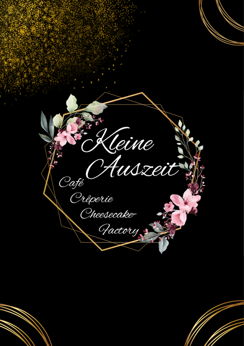 Un logo élégant pour un café nommé "Kleine Auszeit". Il présente des éléments floraux sur un fond noir avec des accents dorés.