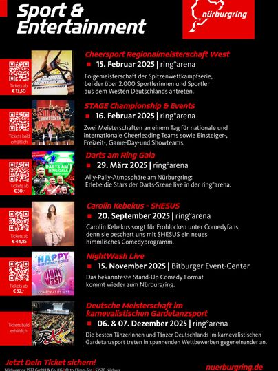 Eine Veranstaltungsübersicht für Sport und Unterhaltung am Nürburgring. Die Liste enthält Termine, Veranstaltungsorte und weitere Details zu bevorstehenden Events.