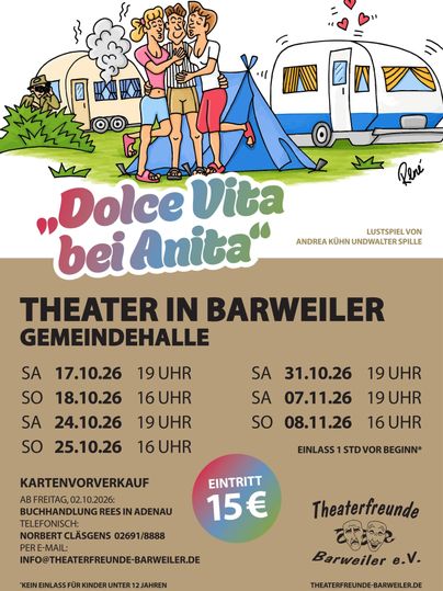 A funny theater poster for "Dat Suppenduell" shows two chefs standing around a large soup pot. The performances take place at the theater in Barweiler.