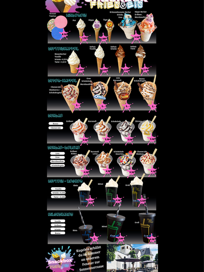 Un menu avec différentes sortes de glace et de desserts. La vue d'ensemble présente des coupes glacées créatives et des boissons dans des designs colorés.