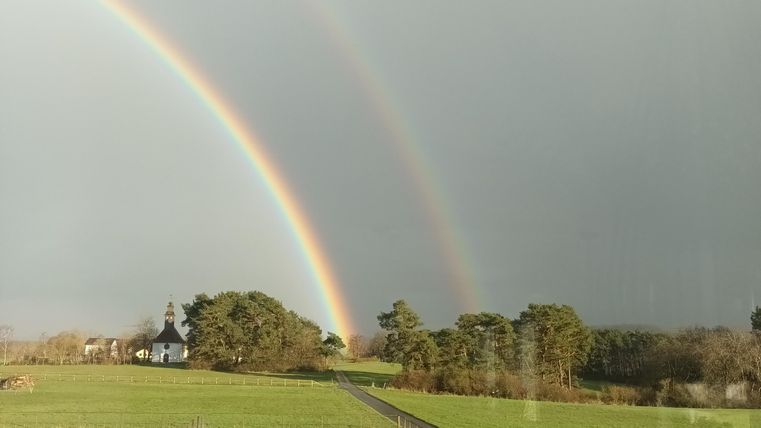 Een dubbele regenboog boven een groene landschap met bomen. De wolken zijn helder en de lucht is grijs.