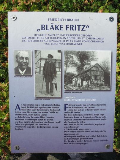 Infotafel über Friedrich Braun, genannt 'Bläke Fritz', mit Fotos und Text über sein Leben und Anekdoten.