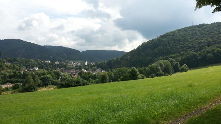 Eine grüne Wiese mit sanften Hügeln im Hintergrund. Der Himmel ist bewölkt, und ein kleines Dorf ist in der Ferne sichtbar.