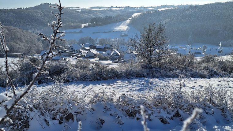 Een prachtige winterlandschap met besneeuwde velden en een heldere blauwe lucht. Op de achtergrond zijn zachte heuvels en een klein dorp zichtbaar.