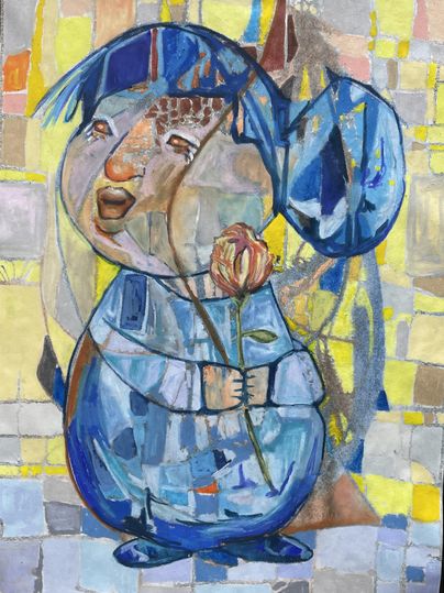 Ein farbenfrohes, abstraktes Bild eines Mädchens, das eine Blume in der Hand hält. Die Formen und Farben sind lebhaft und künstlerisch gestaltet.