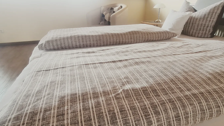 A cozy bedroom with a large bed and soft pillows. The room has a calm atmosphere and natural light.