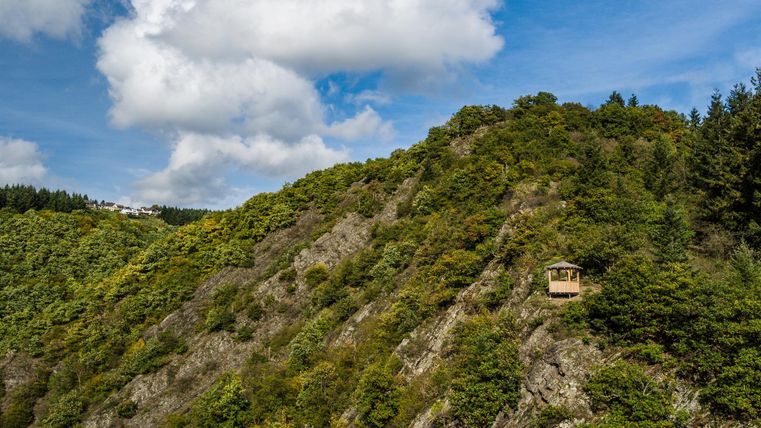 Eine malerische Berglandschaft mit üppigem Grün und vereinzelten Wolken am blauen Himmel. Ein kleines Häuschen ist auf der Hangseite zu sehen.