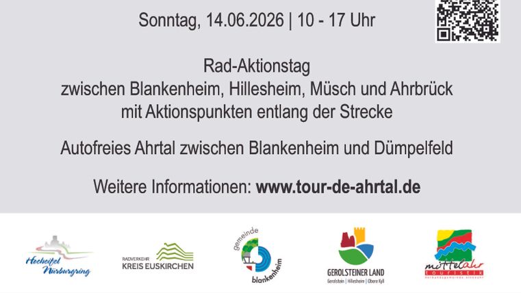 Ein Plakat zur Veranstaltung "Tour de Ahrtall" am 14. Juni 2026. Es zeigt Informationen über einen Rad-Aktionstag mit verschiedenen Aktionspunkten entlang der Strecke.