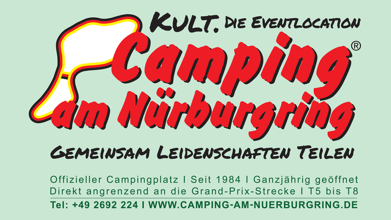 Une image publicitaire colorée pour le camping au Nürburgring. Elle montre des informations sur le lieu de l'événement et les possibilités de camping.