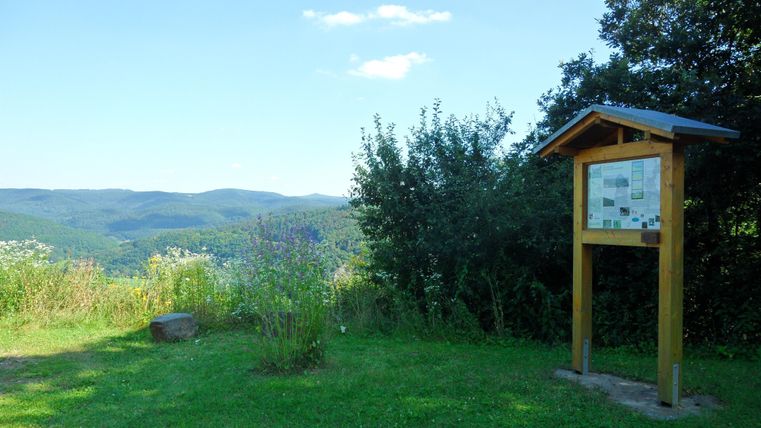 Een uitzichtpunt met een informatieschild in een groene omgeving. Op de achtergrond zijn zachte heuvels en een blauwe lucht te zien.