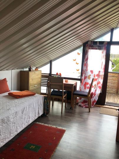 A cozy room with a sloping roof, a bed, and a dining table. Large windows let in plenty of light and butterflies adorn the view.