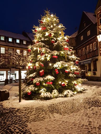 Beleuteter großer Weihnachtsbaum mit lichtern und roten Kugeln der Boden is tmit Schneebedeckt im Hintergrund ist es dunkel