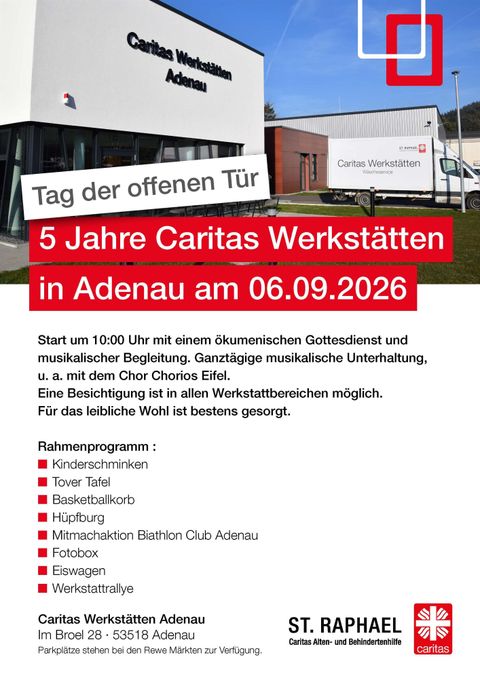 Ein Plakat für den Tag der offenen Tür der Caritas Werkstätten in Adenau. Es informiert über das fünfte Jubiläum und das Programm der Veranstaltung am 06.09.2026.