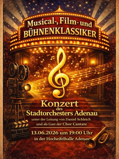 Ein Plakat für ein Konzert des Stadtorchesters Adenau. Es zeigt musikalische Elemente wie Noten und Filmkameras und informiert über das Event am 13. Juni 2026.