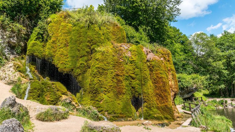 Ein moosbedeckter Felsen mit einem kleinen Wasserfall in einer grünen Landschaft.