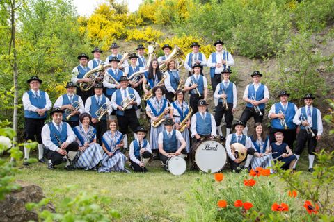 Een blaasorkest in traditionele klederdracht staat op een weide. Op de voorgrond bloeien oranje bloemen.
